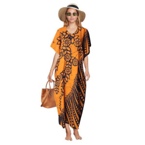 Orange kaftan Black flowers design